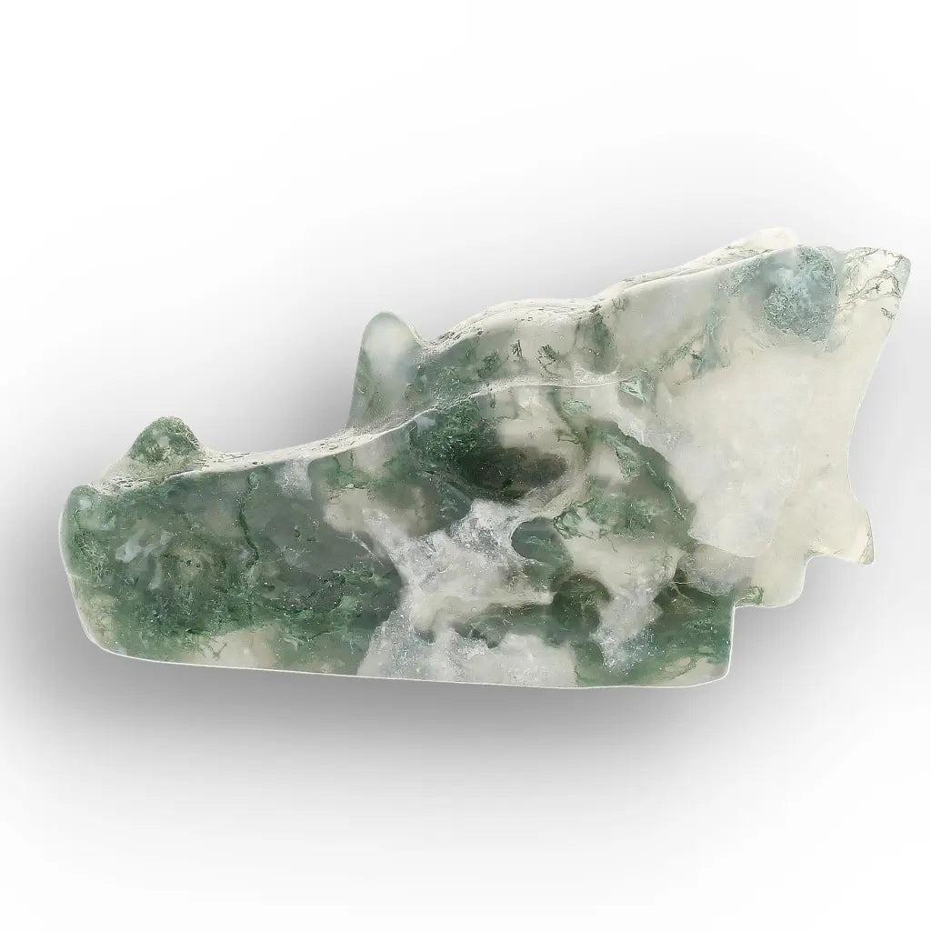 Moss Agate Dragon Carving with Natural Green Inclusions