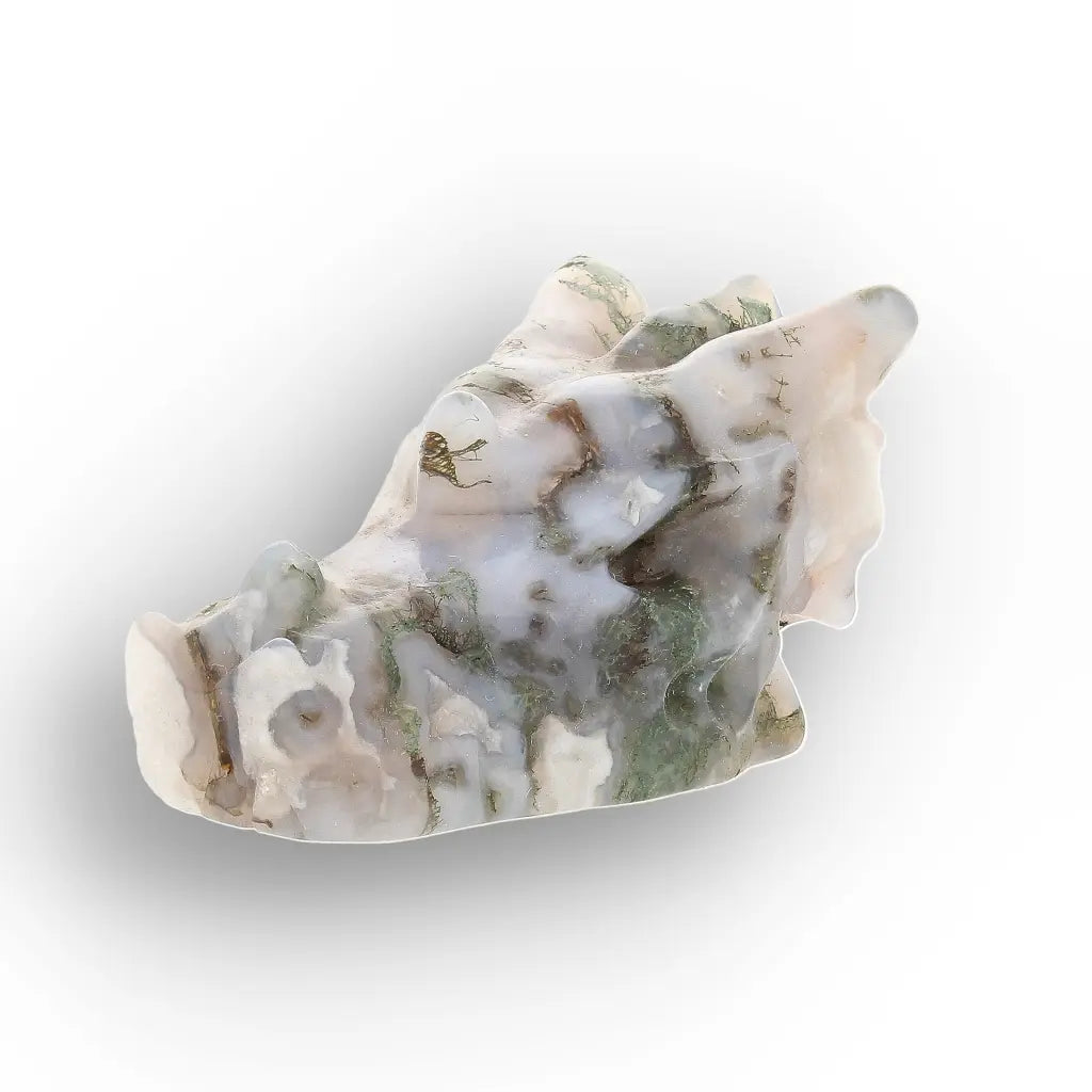 Moss Agate Dragon Carving with Natural Green Inclusions
