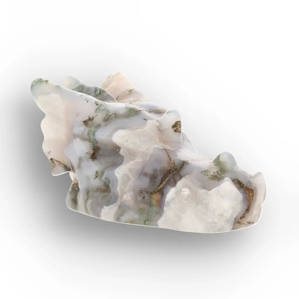 Moss Agate Dragon Carving with Natural Green Inclusions