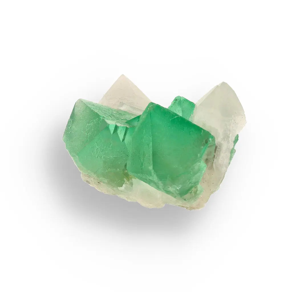 Get your Rare Green Fluorite Octahedral Crystal Cluster with White Quartz - Riemvasmaak, Northern Cape, South Africa online now or in store at Forever Gems in Franschhoek, South Africa