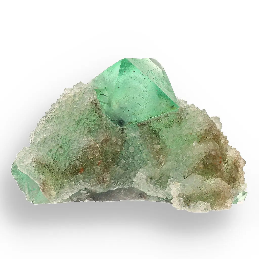 Get your Exceptional Green Fluorite Octahedron with Purple Core on White Druzy Quartz - Riemvasmaak, Northern Cape, South Africa online now or in store at Forever Gems in Franschhoek, South Africa