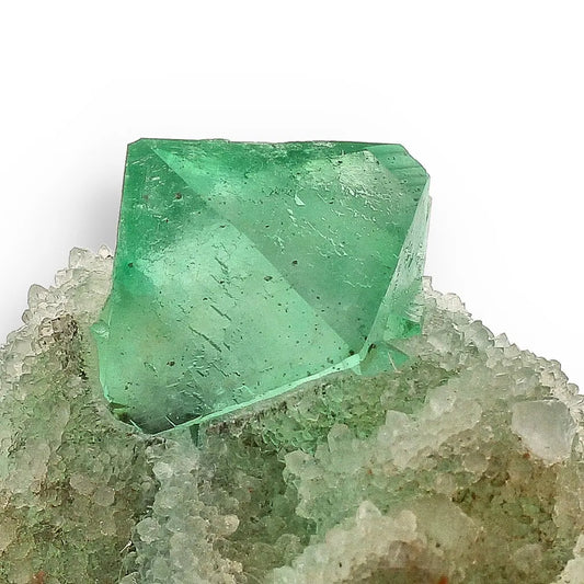 Get your Exceptional Green Fluorite Octahedron with Purple Core on White Druzy Quartz - Riemvasmaak, Northern Cape, South Africa online now or in store at Forever Gems in Franschhoek, South Africa