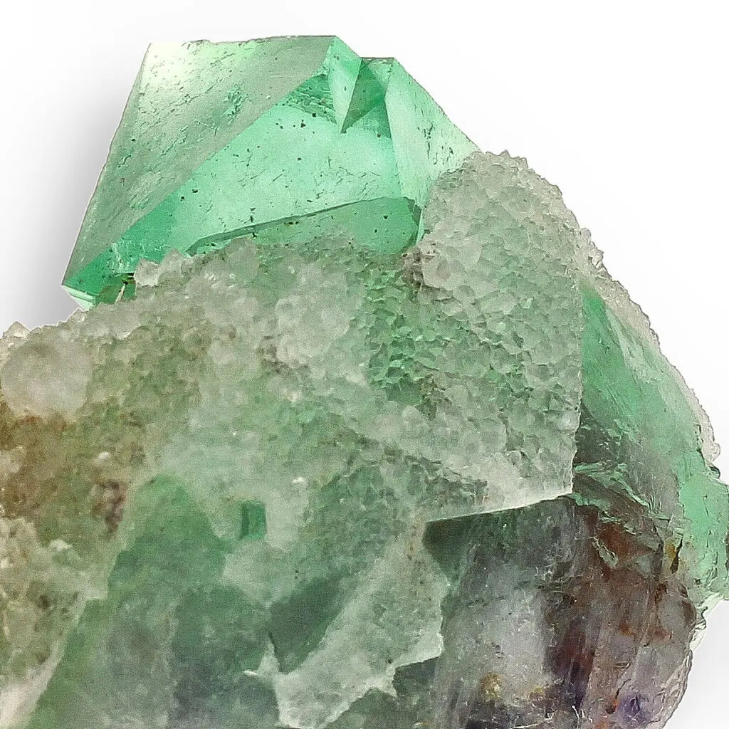 Get your Exceptional Green Fluorite Octahedron with Purple Core on White Druzy Quartz - Riemvasmaak, Northern Cape, South Africa online now or in store at Forever Gems in Franschhoek, South Africa