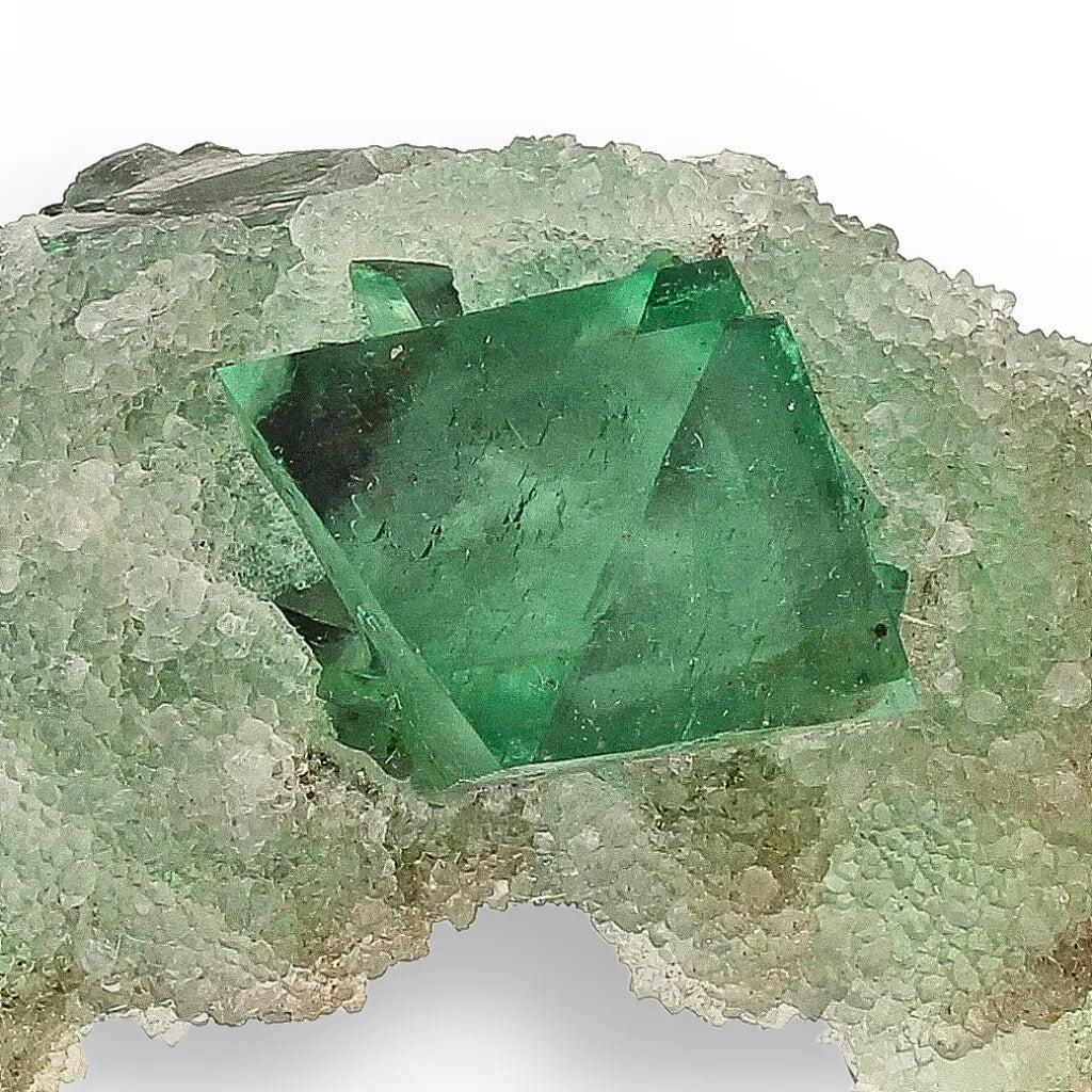 Get your Exceptional Green Fluorite Octahedron with Purple Core on White Druzy Quartz - Riemvasmaak, Northern Cape, South Africa online now or in store at Forever Gems in Franschhoek, South Africa