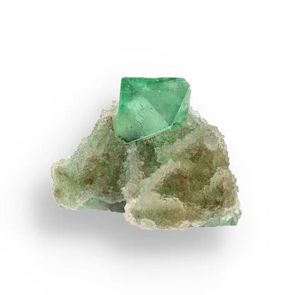 Get your Exceptional Green Fluorite Octahedron with Purple Core on White Druzy Quartz - Riemvasmaak, Northern Cape, South Africa online now or in store at Forever Gems in Franschhoek, South Africa
