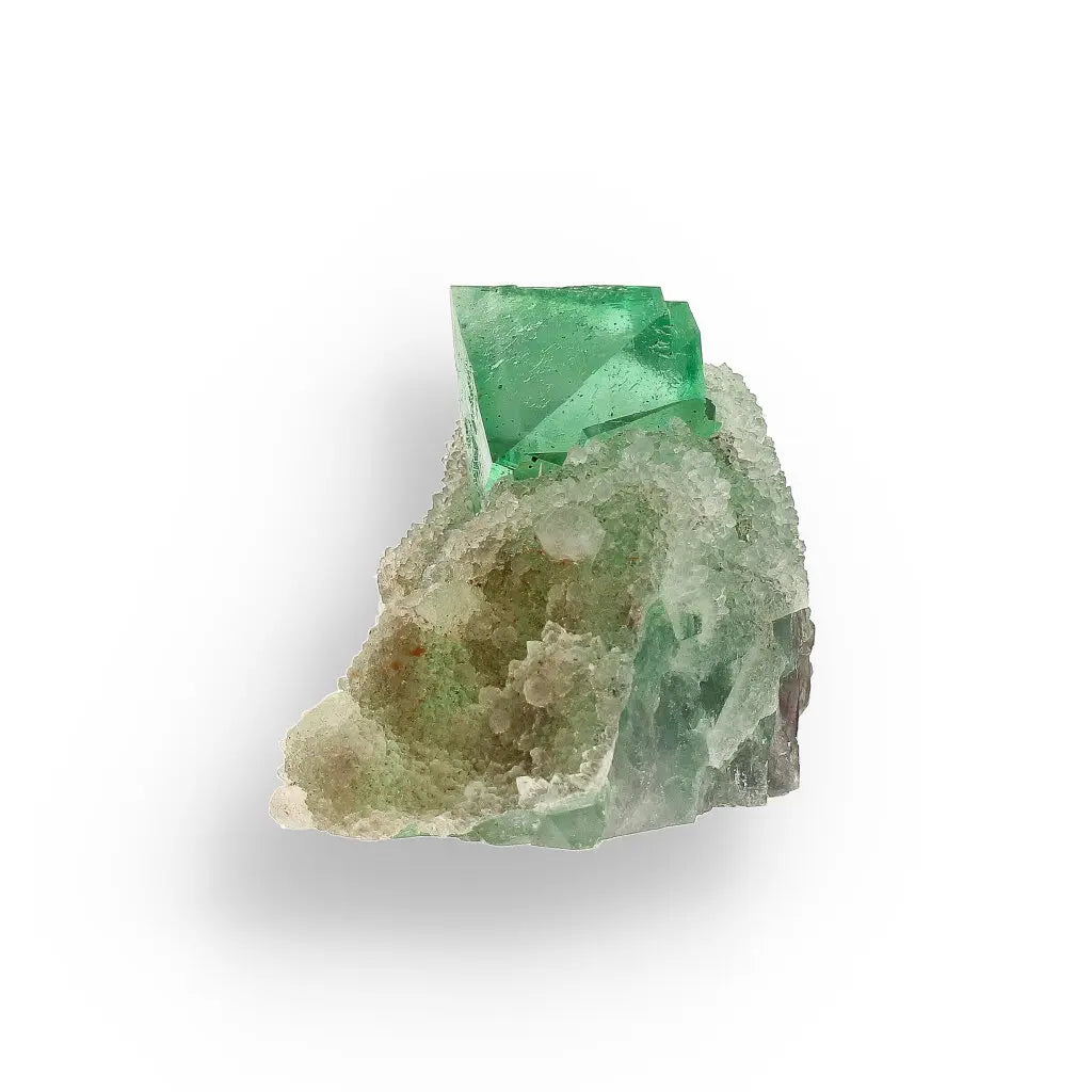 Get your Exceptional Green Fluorite Octahedron with Purple Core on White Druzy Quartz - Riemvasmaak, Northern Cape, South Africa online now or in store at Forever Gems in Franschhoek, South Africa