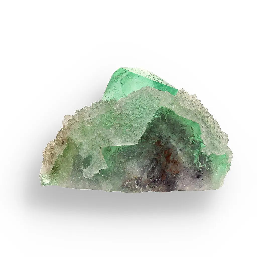 Get your Exceptional Green Fluorite Octahedron with Purple Core on White Druzy Quartz - Riemvasmaak, Northern Cape, South Africa online now or in store at Forever Gems in Franschhoek, South Africa