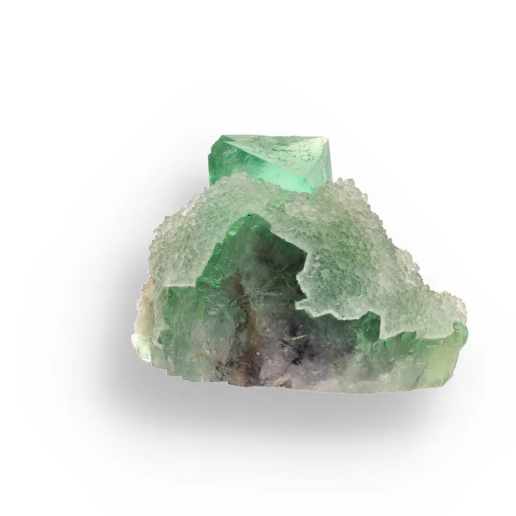 Get your Exceptional Green Fluorite Octahedron with Purple Core on White Druzy Quartz - Riemvasmaak, Northern Cape, South Africa online now or in store at Forever Gems in Franschhoek, South Africa