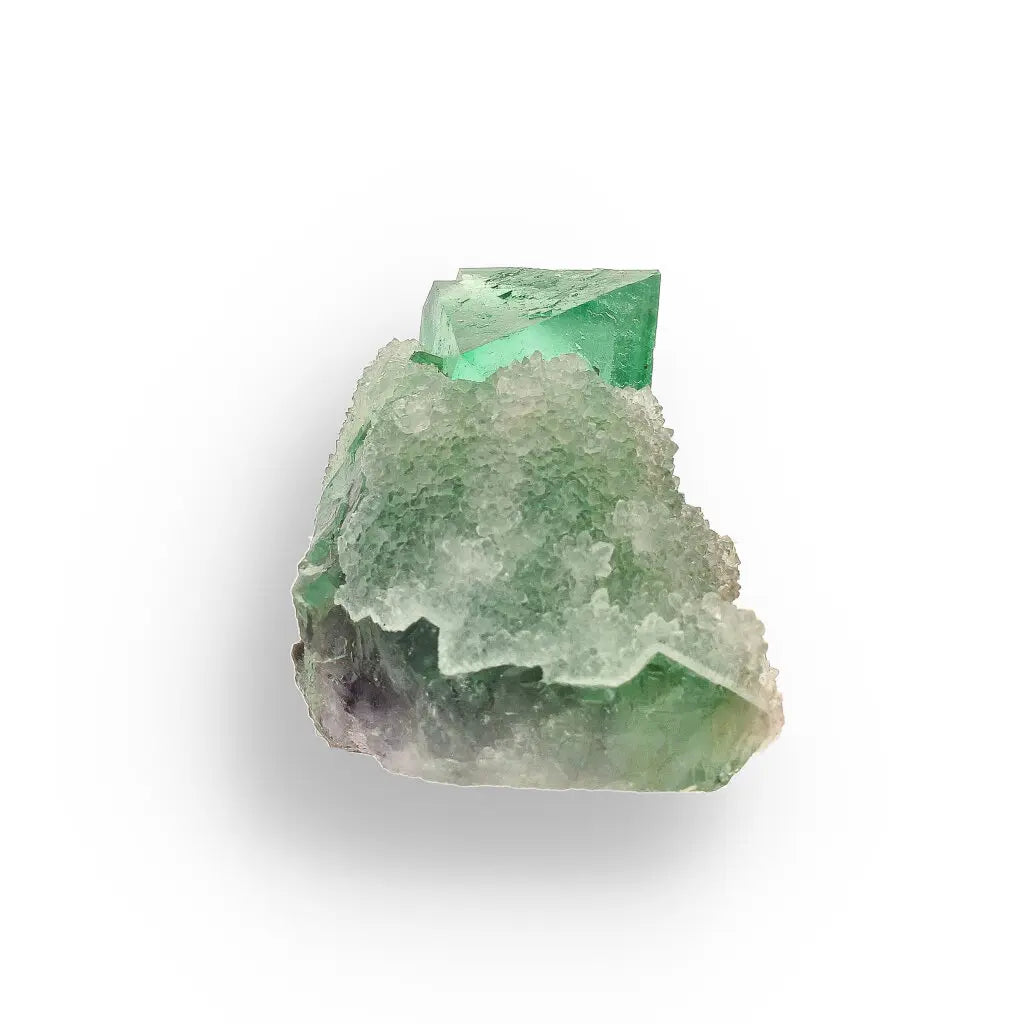 Get your Exceptional Green Fluorite Octahedron with Purple Core on White Druzy Quartz - Riemvasmaak, Northern Cape, South Africa online now or in store at Forever Gems in Franschhoek, South Africa