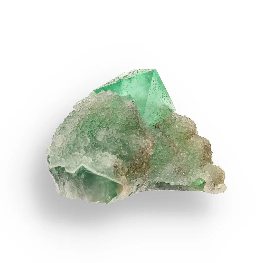Get your Exceptional Green Fluorite Octahedron with Purple Core on White Druzy Quartz - Riemvasmaak, Northern Cape, South Africa online now or in store at Forever Gems in Franschhoek, South Africa