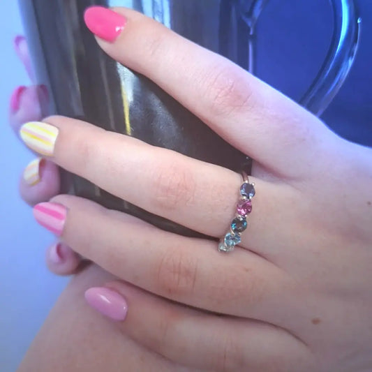 Get your Twilight Harmony – Five-Stone Blue & Berry Gemstone Eternity Ring in Sterling Silver online now or in store at Forever Gems in Franschhoek, South Africa