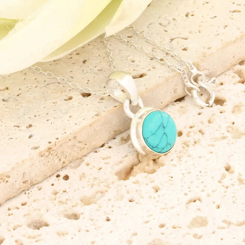 Turquoise Blue Dyed Howlite Sterling Silver Round Necklace