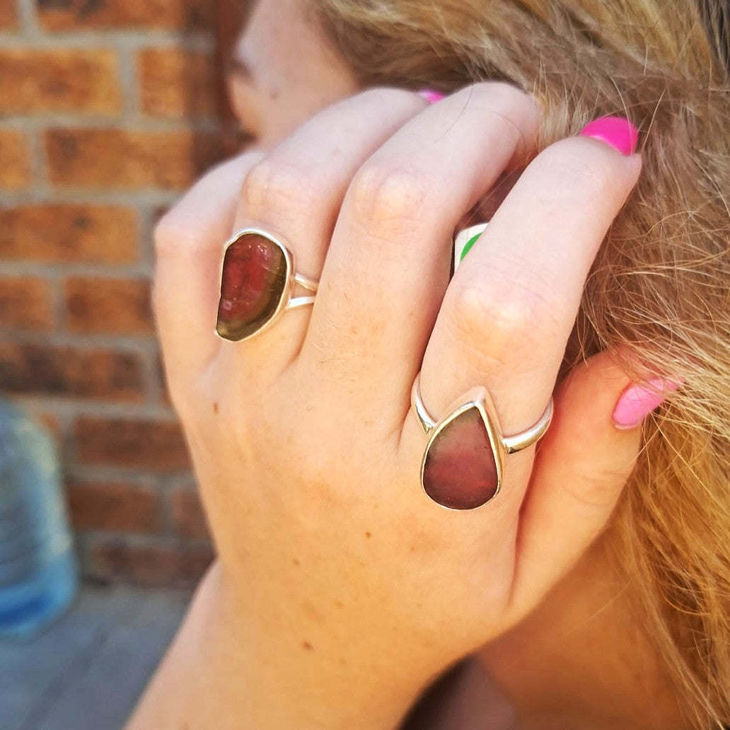 Get your Natural Watermelon Tourmaline Slice Ring Set in 925 Silver online now or in store at Forever Gems in Franschhoek, South Africa