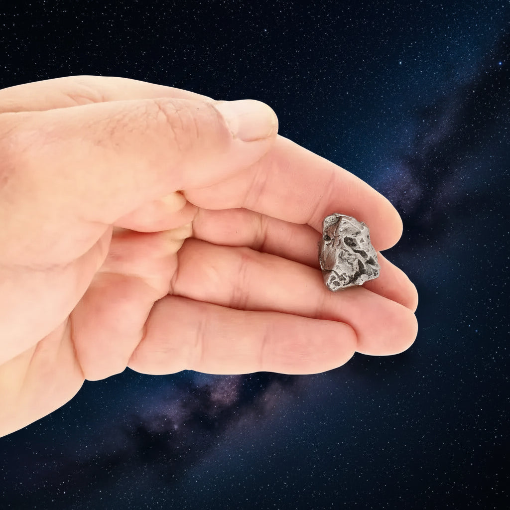 Hand holding a small meteorite against a light background