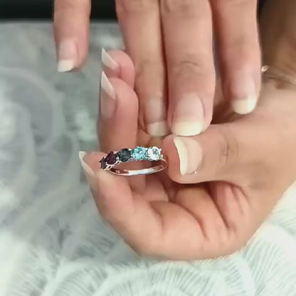 Gemstone Symphony: Rhodolite Garnet, Iolite & Blue Topaz Silver Ring