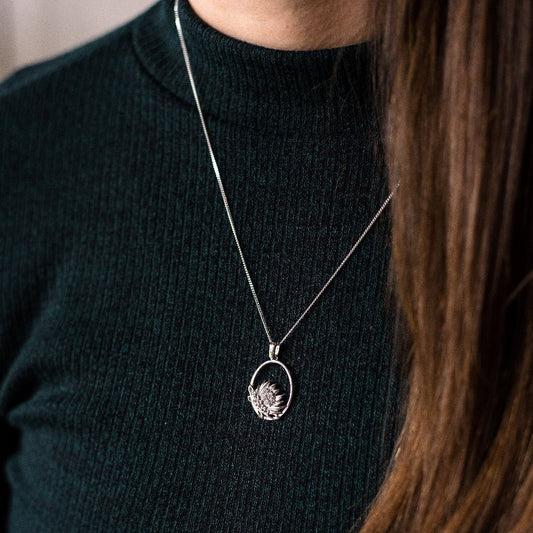 Buy your Silver Oval Protea Necklace online now or in store at Forever Gems in Franschhoek, South Africa