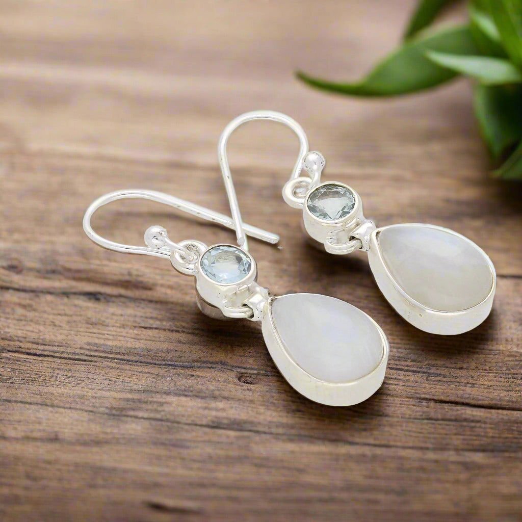 Buy your Twinkle and Shine: Rainbow Moonstone & Blue Topaz Earrings online now or in store at Forever Gems in Franschhoek, South Africa