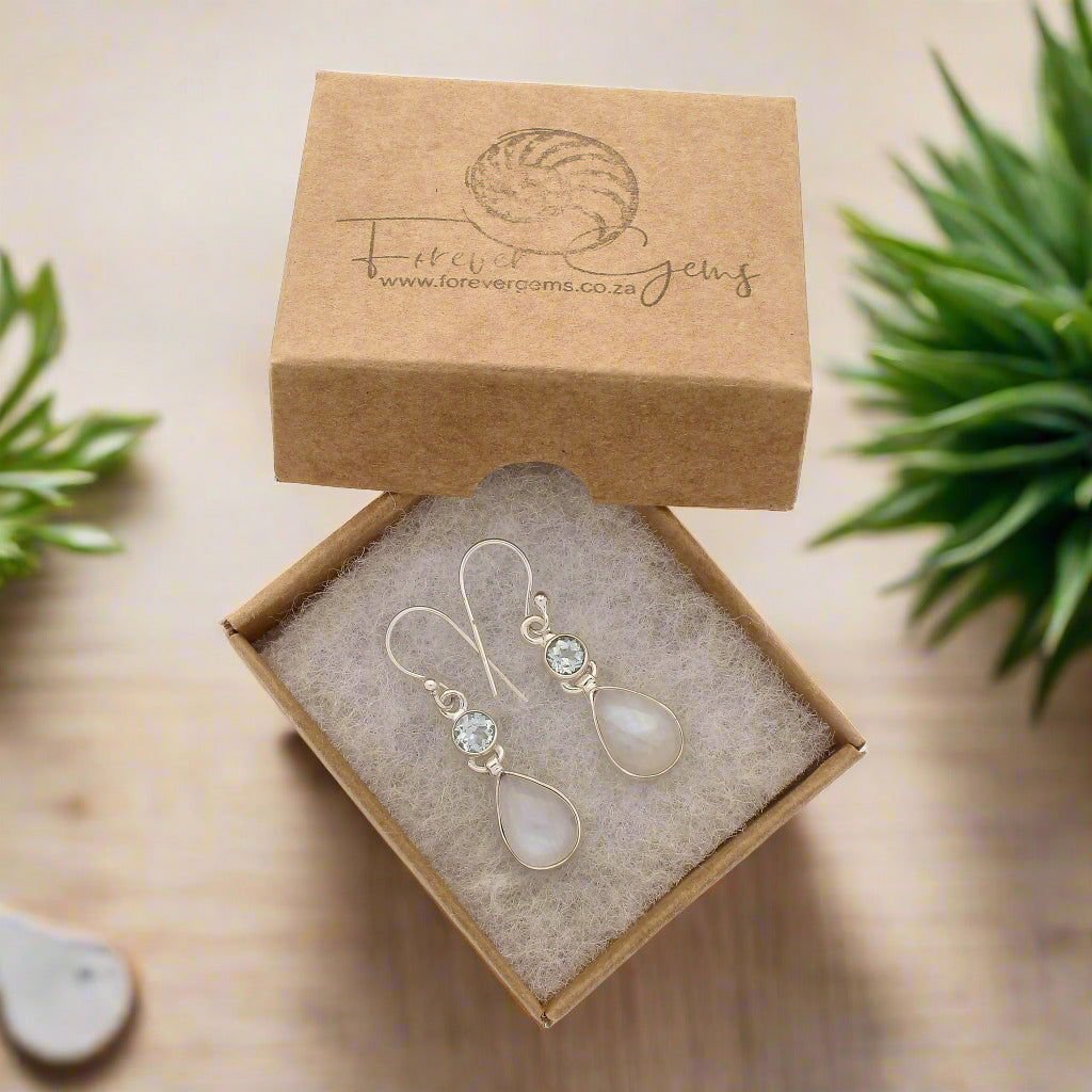 Buy your Twinkle and Shine: Rainbow Moonstone & Blue Topaz Earrings online now or in store at Forever Gems in Franschhoek, South Africa