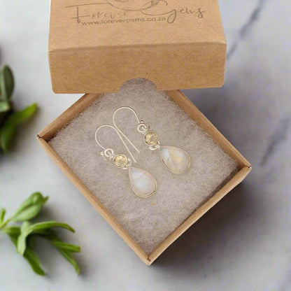 Buy your Twinkle and Shine: Rainbow Moonstone & Citrine Earrings online now or in store at Forever Gems in Franschhoek, South Africa