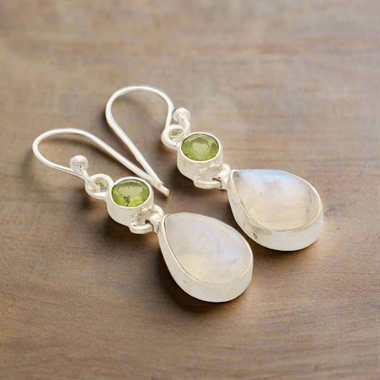 Buy your Twinkle and Shine: Rainbow Moonstone & PeridoyEarrings online now or in store at Forever Gems in Franschhoek, South Africa