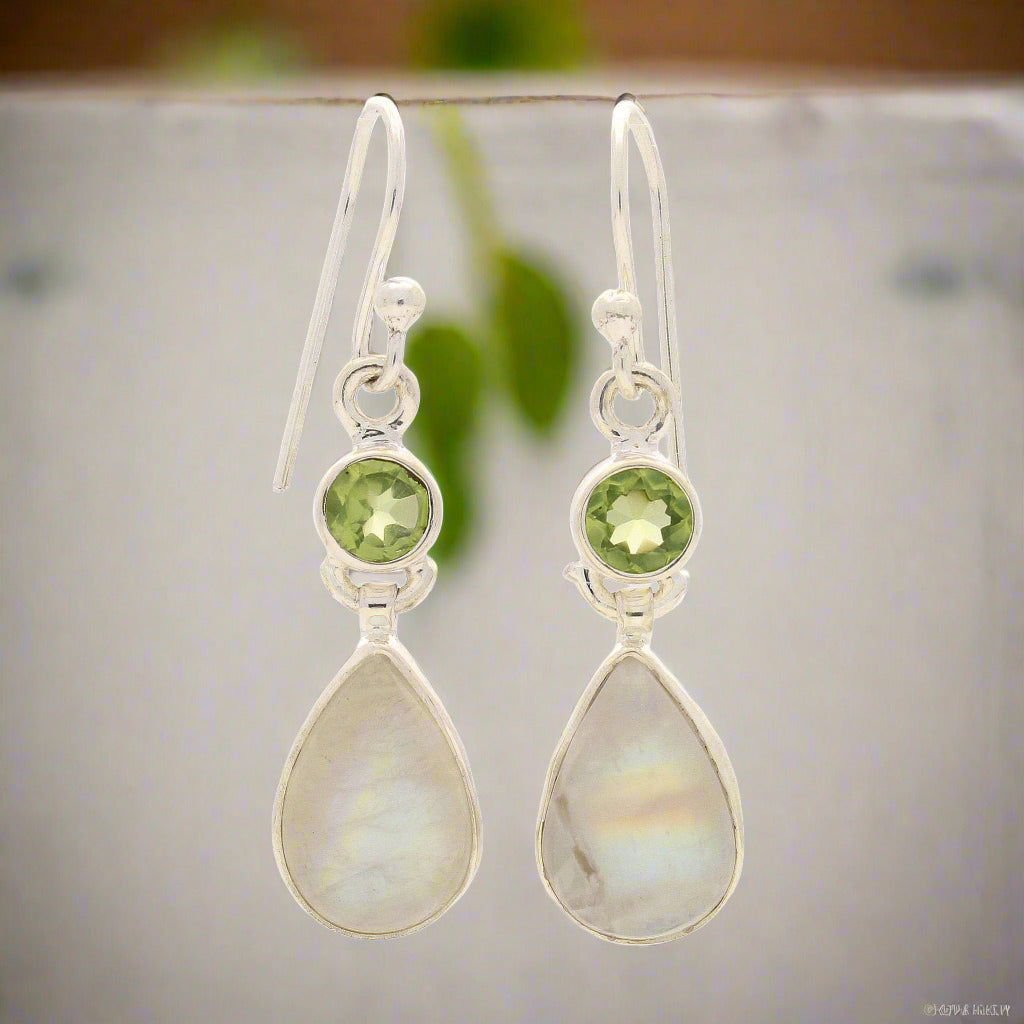 Buy your Twinkle and Shine: Rainbow Moonstone & PeridoyEarrings online now or in store at Forever Gems in Franschhoek, South Africa