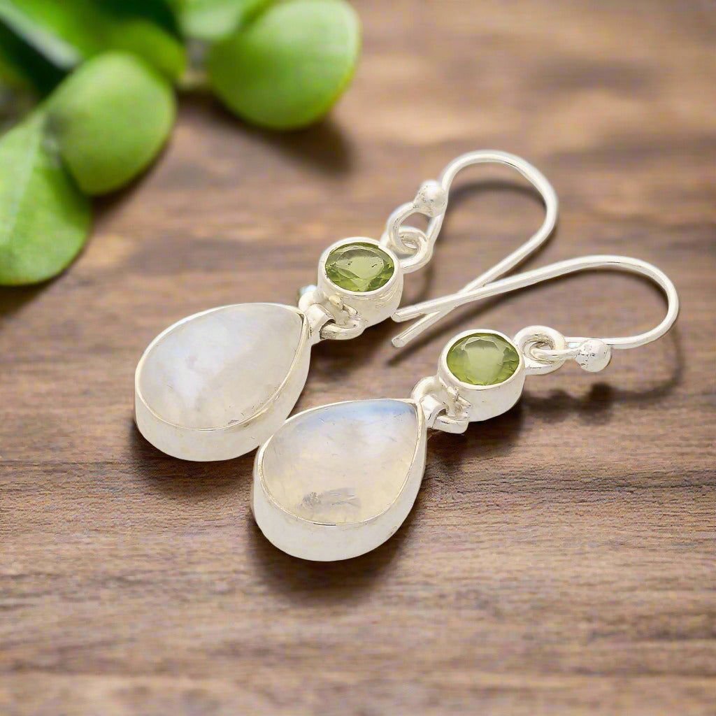 Buy your Twinkle and Shine: Rainbow Moonstone & PeridoyEarrings online now or in store at Forever Gems in Franschhoek, South Africa