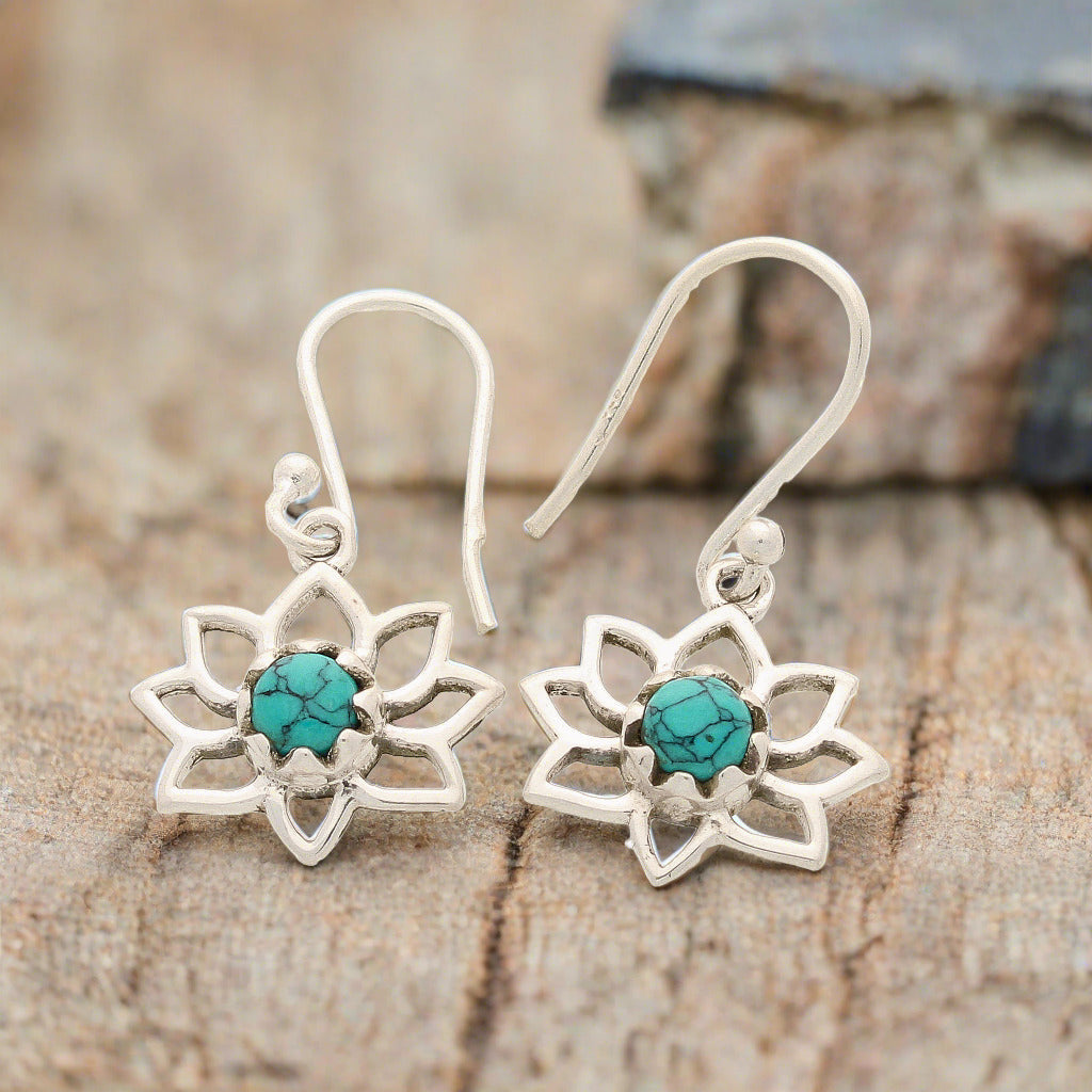 Buy your Lotus Flower Turquoise Sterling Silver Dangle Earrings online now or in store at Forever Gems in Franschhoek, South Africa